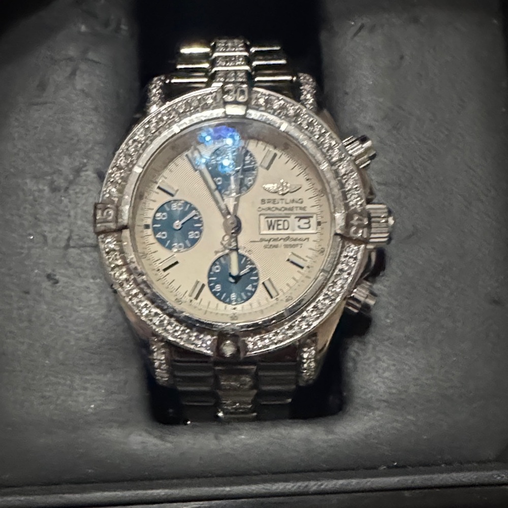 Breitling Silver Watch with Blue Dials